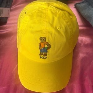 NWT POLO Ralph Lauren BEACH BALL BEAR HAT 6-Panel Dad Cap YELLOW Leath Strapback